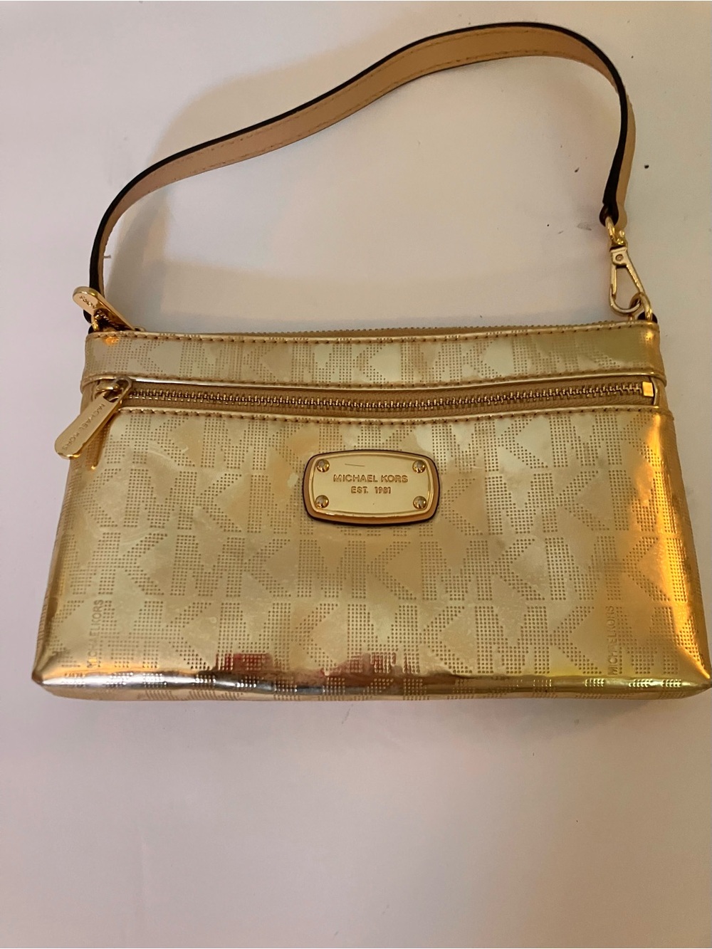 Michael Kors Jet Set Mettalic Logo Wrist Clutch Gold Champagne EUC